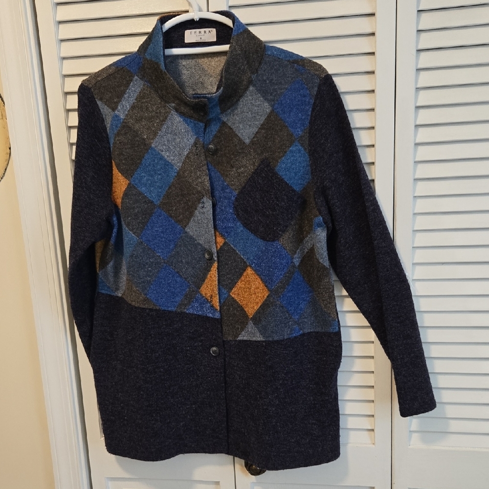 Terra Navy Blue Argyle Button-Front Cardigan